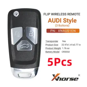 Xnau01en Xhorse Sa1993-1 5pcs Wireless Remote Key Fit For Audi Flip 3 Buttons